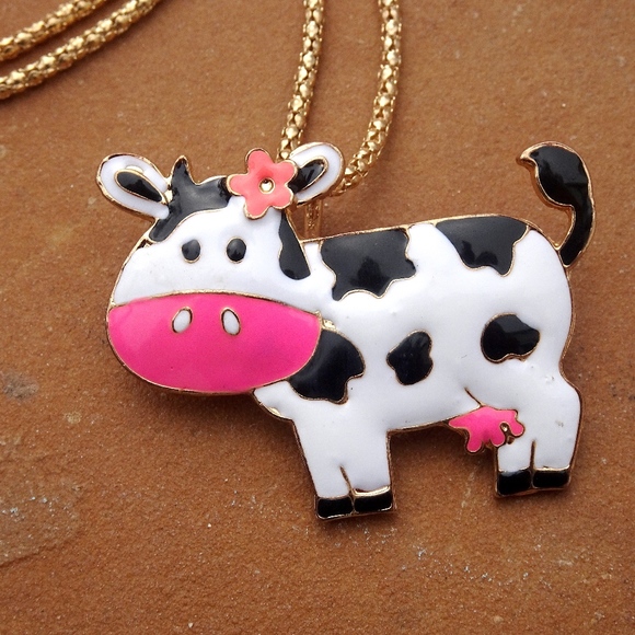 Country Kawaii Enamel Cow Pin Pendant Vegan Statement Necklace / Brooch - Picture 4 of 8